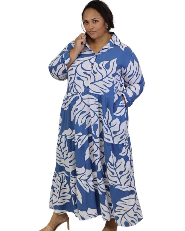 Rayon Tiered Shirt Dress-Orange and Blue