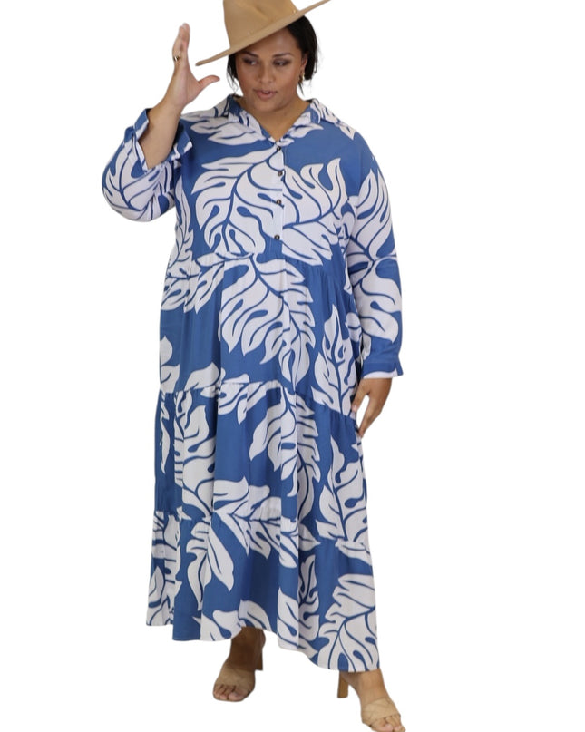 Rayon Tiered Shirt Dress-Orange and Blue