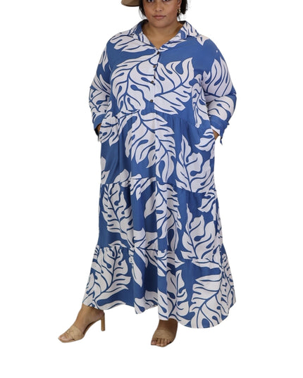 Rayon Tiered Shirt Dress-Orange and Blue