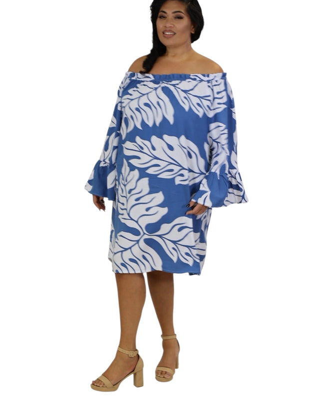 Tropical Leaf Off-Shoulder Mini Dress - Orange & Blue