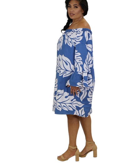 Tropical Leaf Off-Shoulder Mini Dress - Orange & Blue