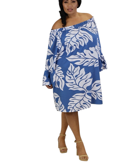 Tropical Leaf Off-Shoulder Mini Dress - Orange & Blue