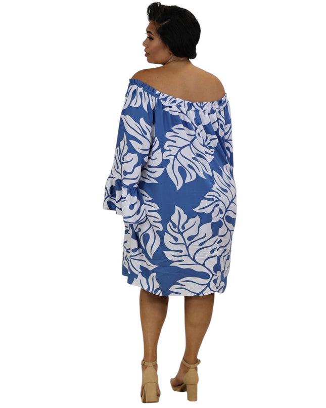 Tropical Leaf Off-Shoulder Mini Dress - Orange & Blue
