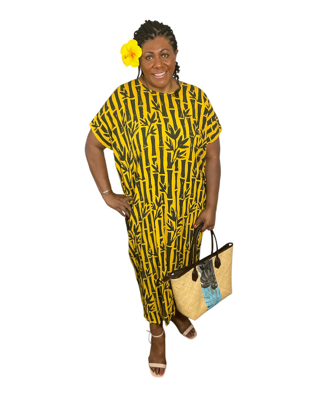 Round neck bamboo print long dress