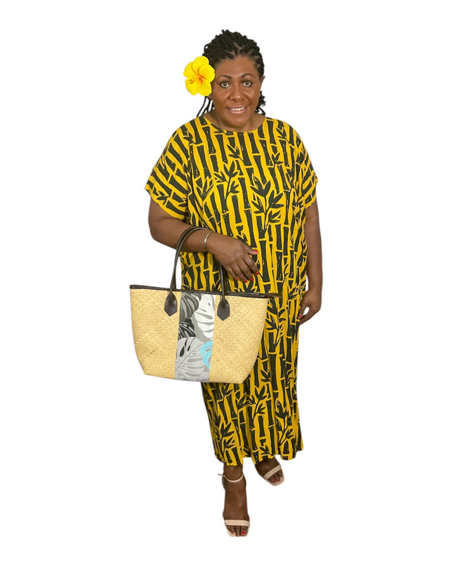 Round neck bamboo print long dress