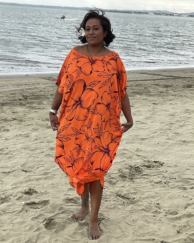 Orange round neck hibiscus long dress