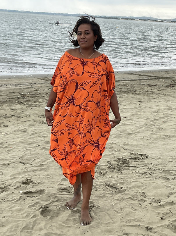 Orange round neck hibiscus long dress