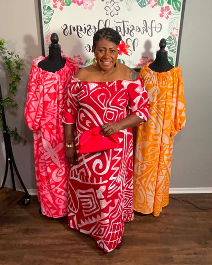 Red and White Tribal Print Chiffon Maxi Dress with Gold Earrings & Hibiscus Hair Flower