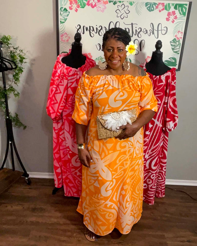 Vibrant Orange Tribal Chiffon Maxi Dress with Statement Earrings & Hibiscus Hair Flower Bundle