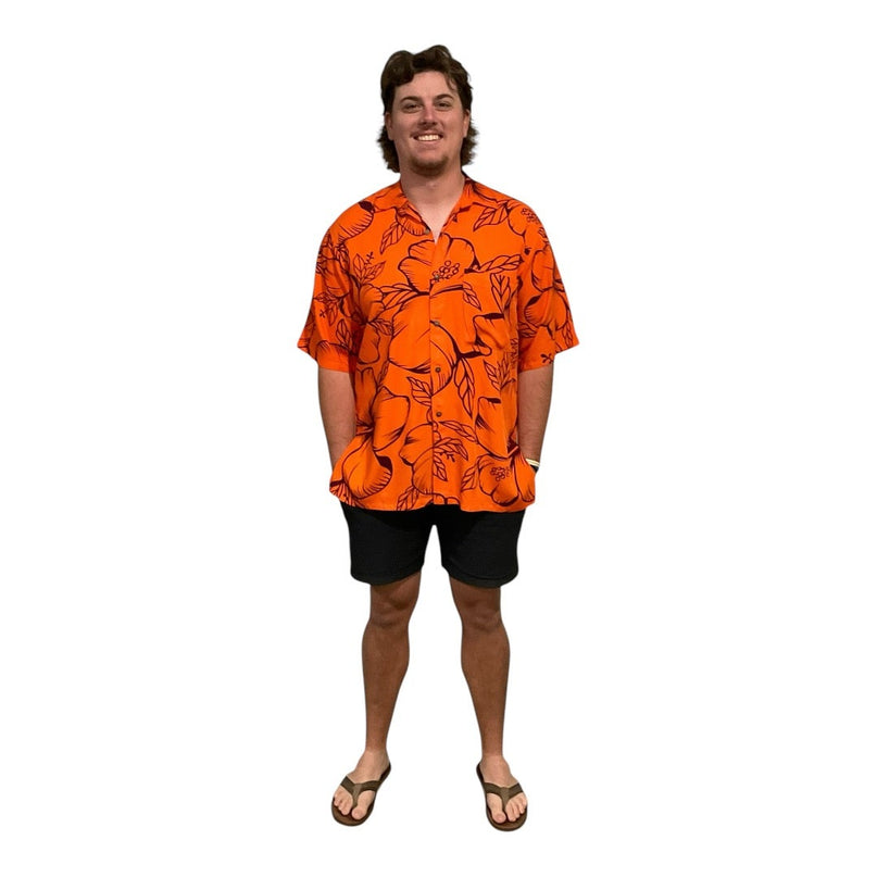 HIBISCUS PRINT MEN'S ORANGE SHIRT