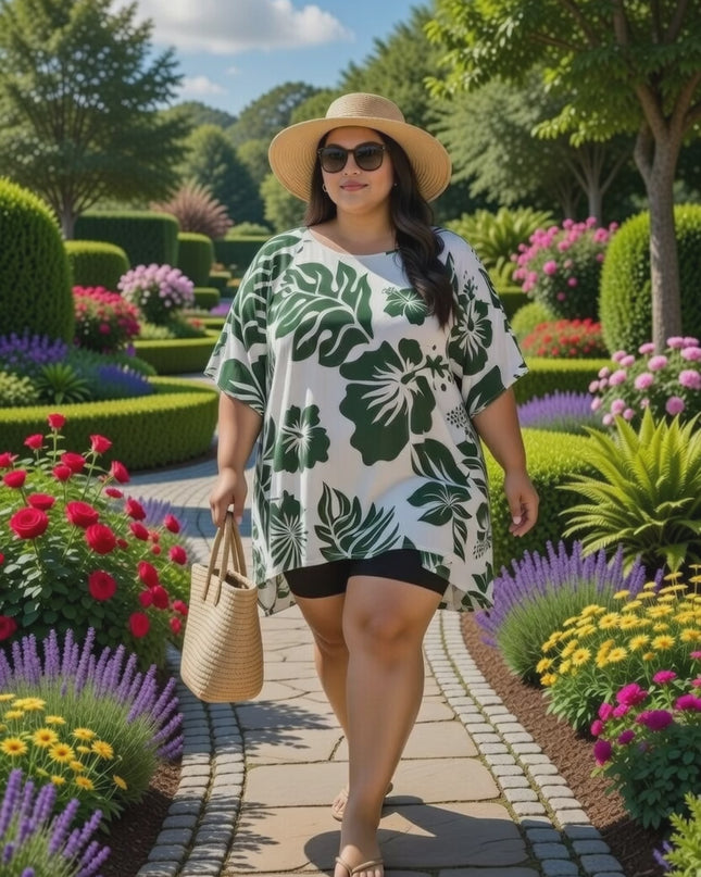 Rayon Poncho Top-Green Hibiscus Print on White