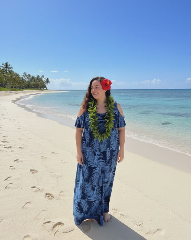 Fern Print Leaf Cold-Shoulder Maxi Dress