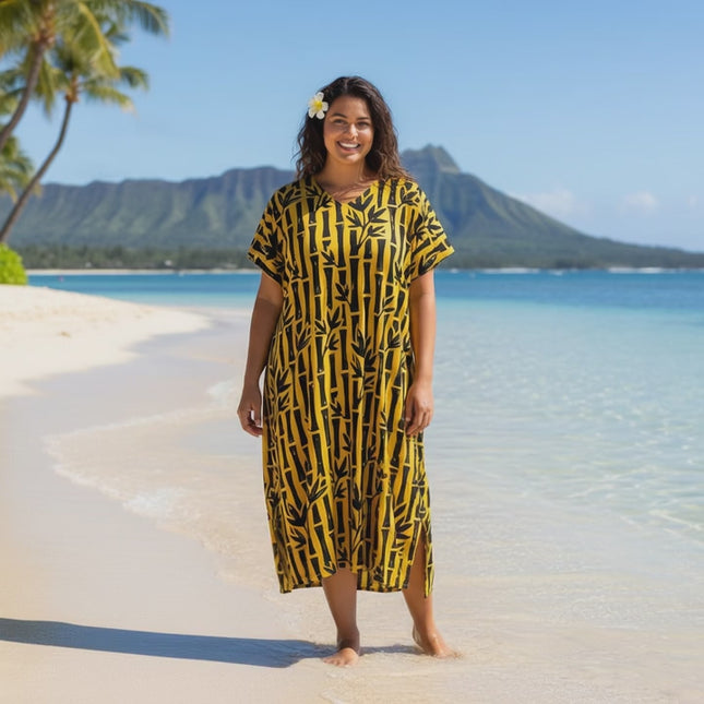 Round neck bamboo print long dress