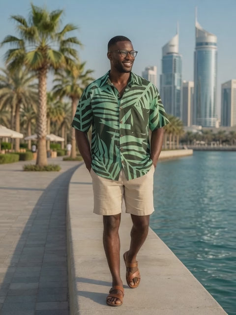 Men's Island Fern Print Rayon Button-Up Shirt - Tropical Green Print