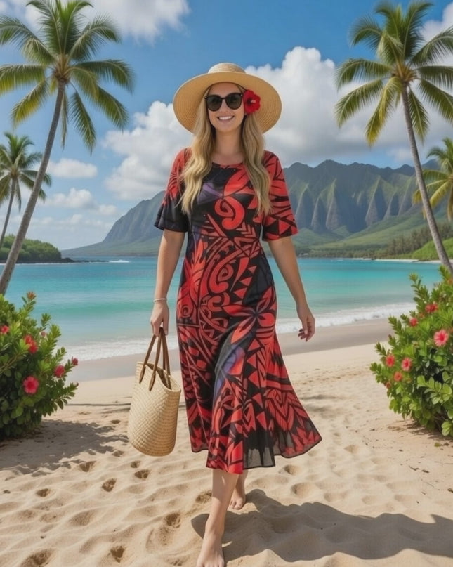Fishtail Polynesian Print Dress