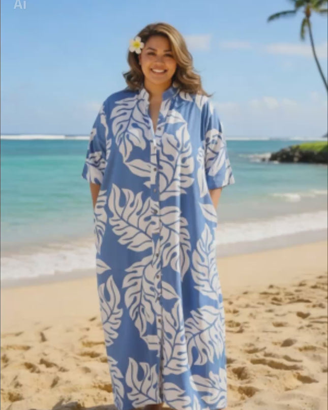 Rayon Long Shirt Dress - Orange & Blue  Leaf Print