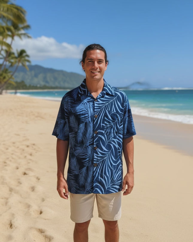 Men's Fern Print Leaf Rayon Shirt - Short Sleeve Button-Up