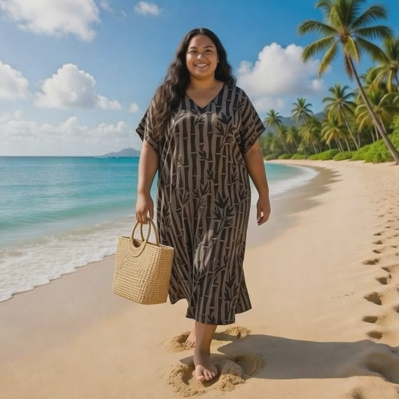 V-NECK BAMBOO PRINT  LONG KAFTAN DRESS