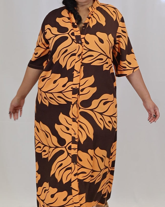 Rayon Long Shirt Dress - Orange & Blue  Leaf Print