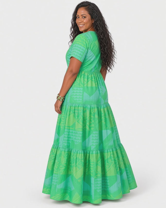 Tiered Green Maxi Dress/Short Sleeve V-Neck Geometric Print Dress