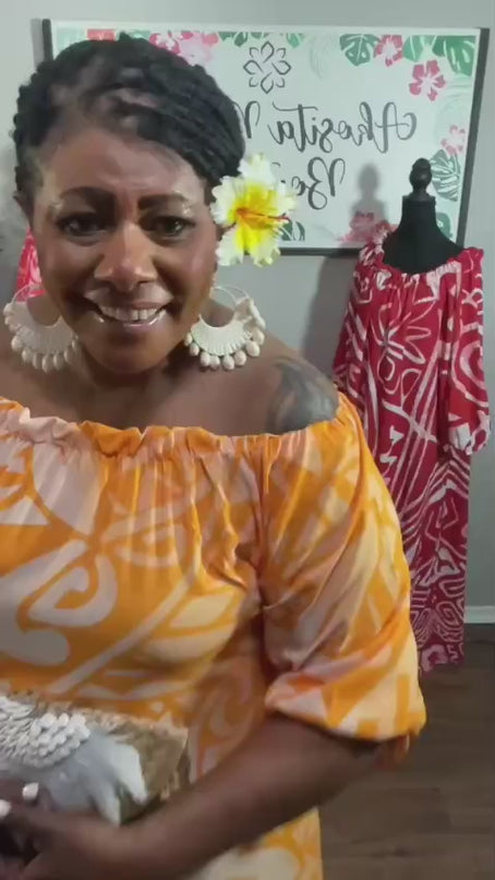 Vibrant Orange Tribal Chiffon Maxi Dress with Statement Earrings & Hibiscus Hair Flower Bundle