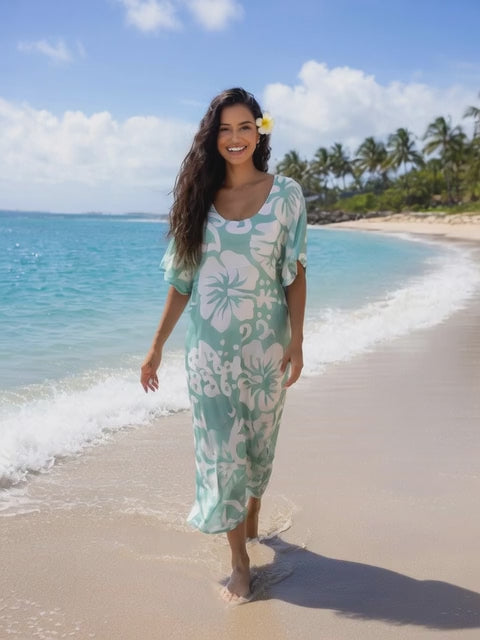 Tropical Hibiscus Rayon Maxi Dress-Lightweight Beach & Resort Wear