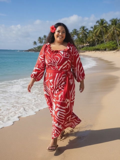 Red and White Tribal Print Chiffon Maxi Dress-Flowy, Lightweight & Effortlessly Elegant