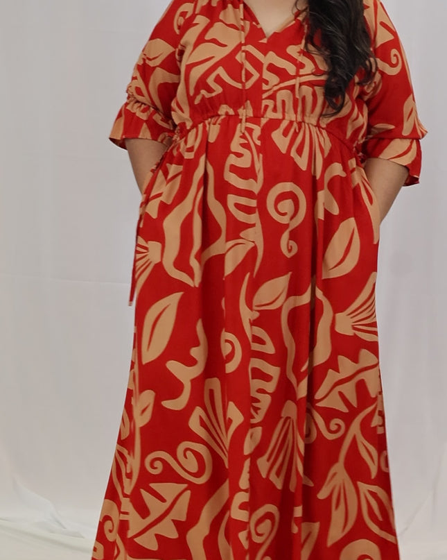 Rayon Maxi Dress-Red & Beige Island Print