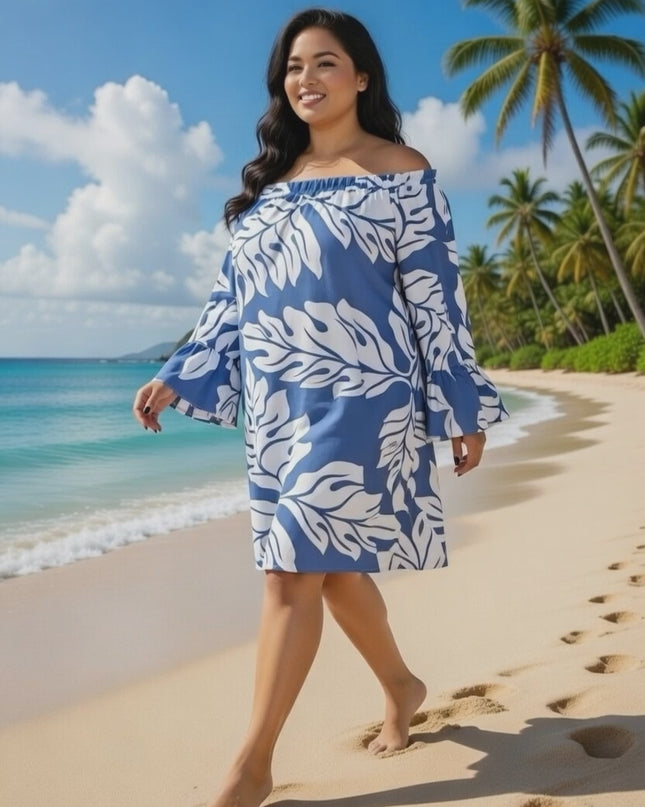 Tropical Leaf Off-Shoulder Mini Dress - Orange & Blue