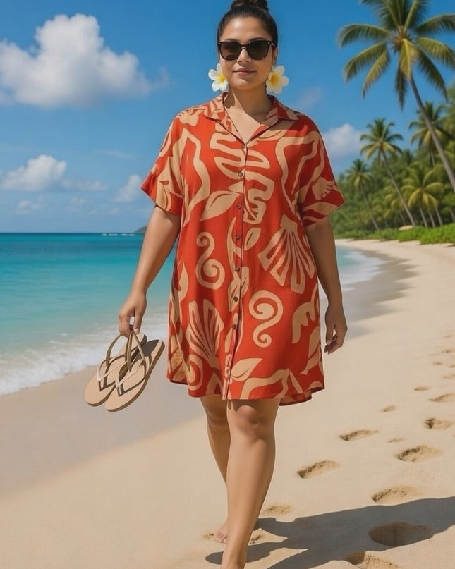 Rayon Short Shirt Dress - Red & Beige Island Print