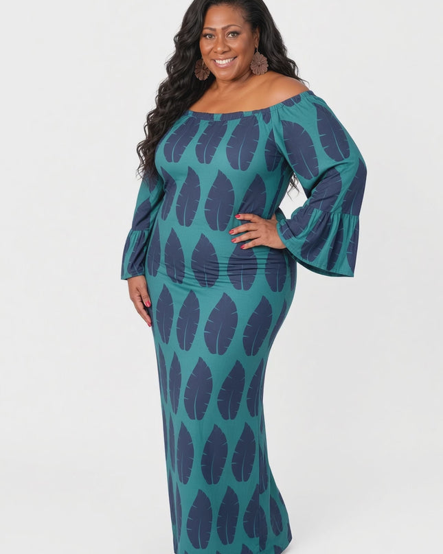 Shield Print Off-Shoulder Bell Sleeve Maxi Dress