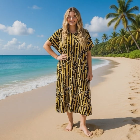 V-NECK BAMBOO PRINT  LONG KAFTAN DRESS