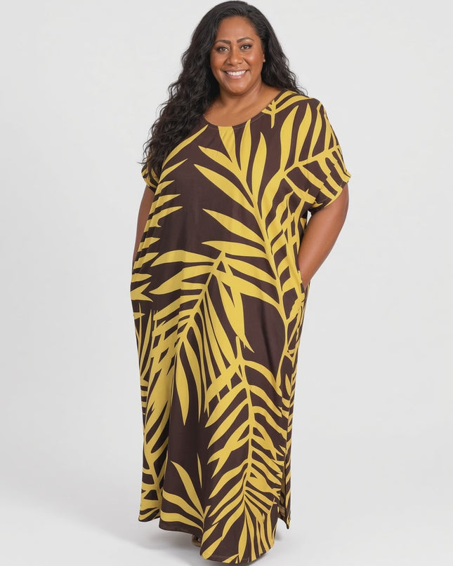 Golden Fern  Print Short Sleeve Maxi Dress with Pockets