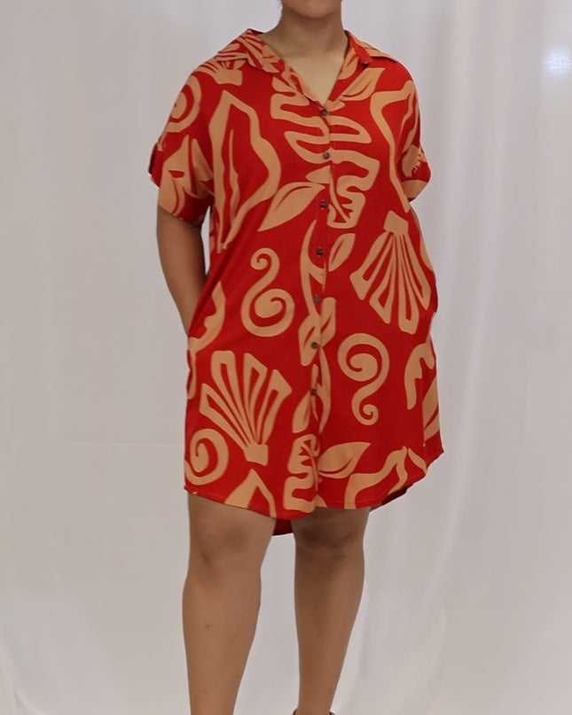 Rayon Short Shirt Dress - Red & Beige Island Print