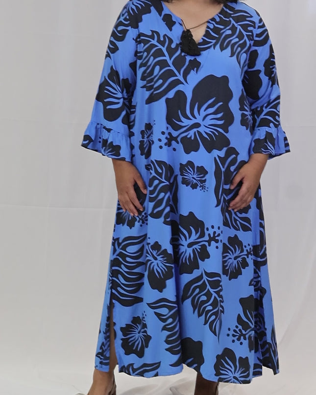 Blue Hibiscus Long Rayon Dress