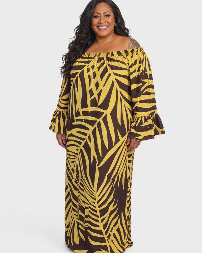 Golden Fern Print Off-Shoulder Bell Sleeve Maxi Dress
