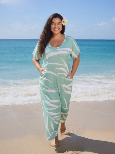 Mint Green Tropical Fern Rayon Maxi Dress-Lightweight Beach & Resort Wear