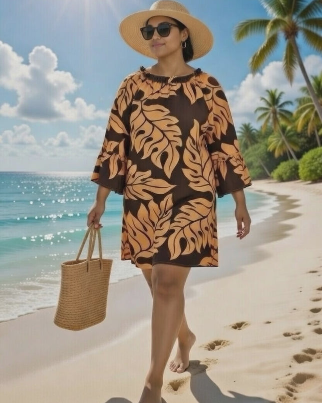 Tropical Leaf Off-Shoulder Mini Dress - Orange & Blue