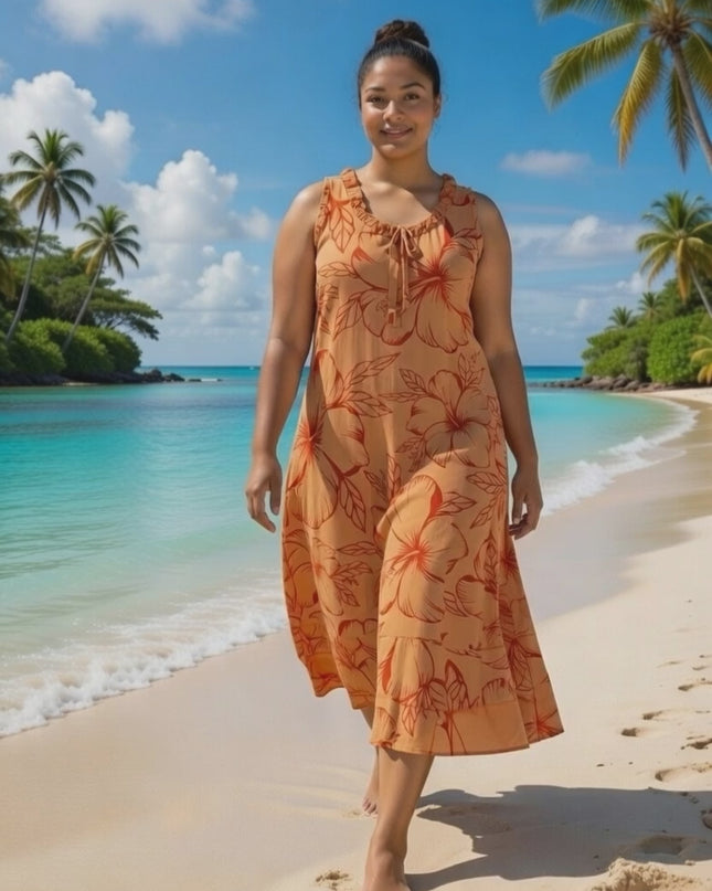 Island Bloom Maxi Dress - Orange & Red Hibiscus