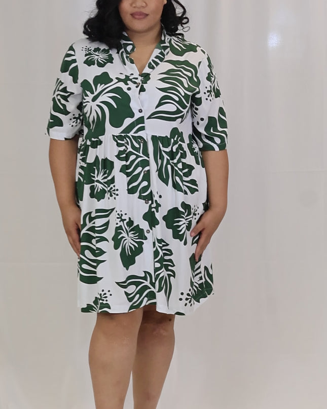 Rayon Short Dress - Green Hibiscus Print on White