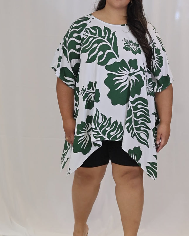 Rayon Poncho Top-Green Hibiscus Print on White