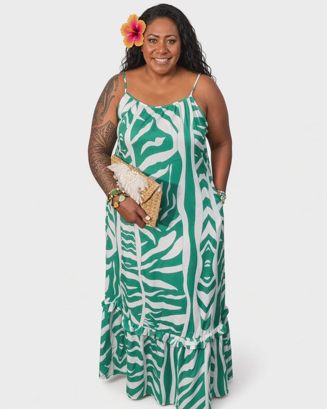 Green & White Zebra Print Maxi Dress Adjustable Strap Flowy Sundress