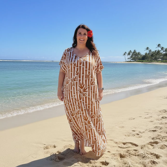 Round neck bamboo print long dress