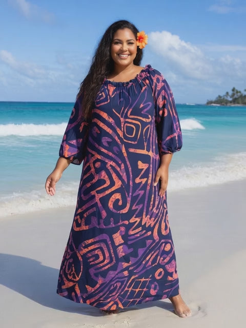 Tropical Tribal Print Chiffon Maxi Dress - Flowy Beach Resort Style