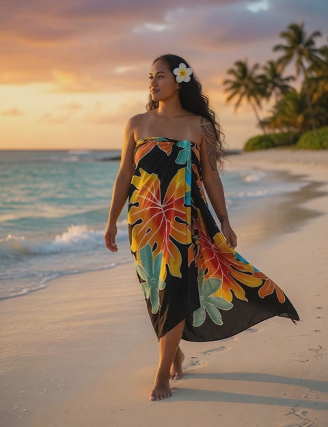 Tropical Sunset Leaf Rayon Sarong Beach Wrap