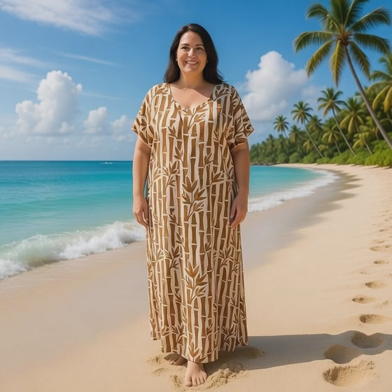 V-NECK BAMBOO PRINT  LONG KAFTAN DRESS