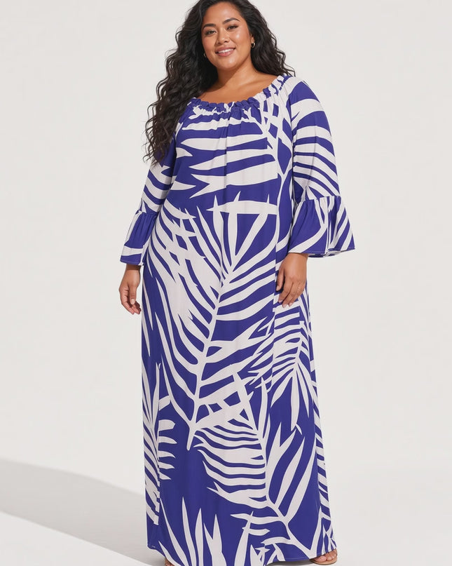 Royal Purple Fern Print Bell Sleeve Maxi Dress