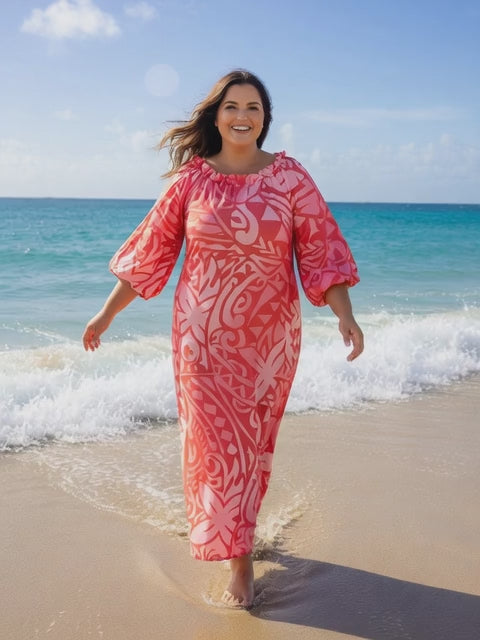 Pink And Red Tribal Chiffon Maxi Dress-Flowy, Lightweight & Effortless Elegant