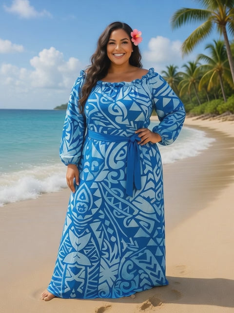 Vibrant Blue and White Tribal Print Maxi Dress with Statement Earrings & Hibiscus hair flower.