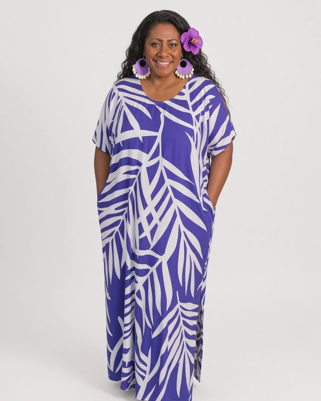 Purple Fern Print Short sleeves Maxi Dress with Pockets